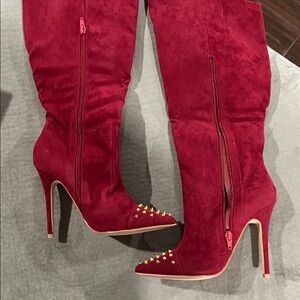 Shoe Dazzle Red Suede Heeled Boots with Gold Studs